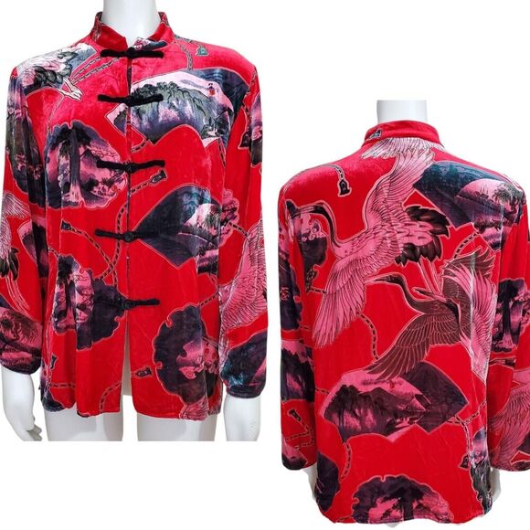 Aris A Womens XL Velvet Top Asian Crane Stand Collar Silk Knot Kimono Boho Artsy - Picture 2 of 10